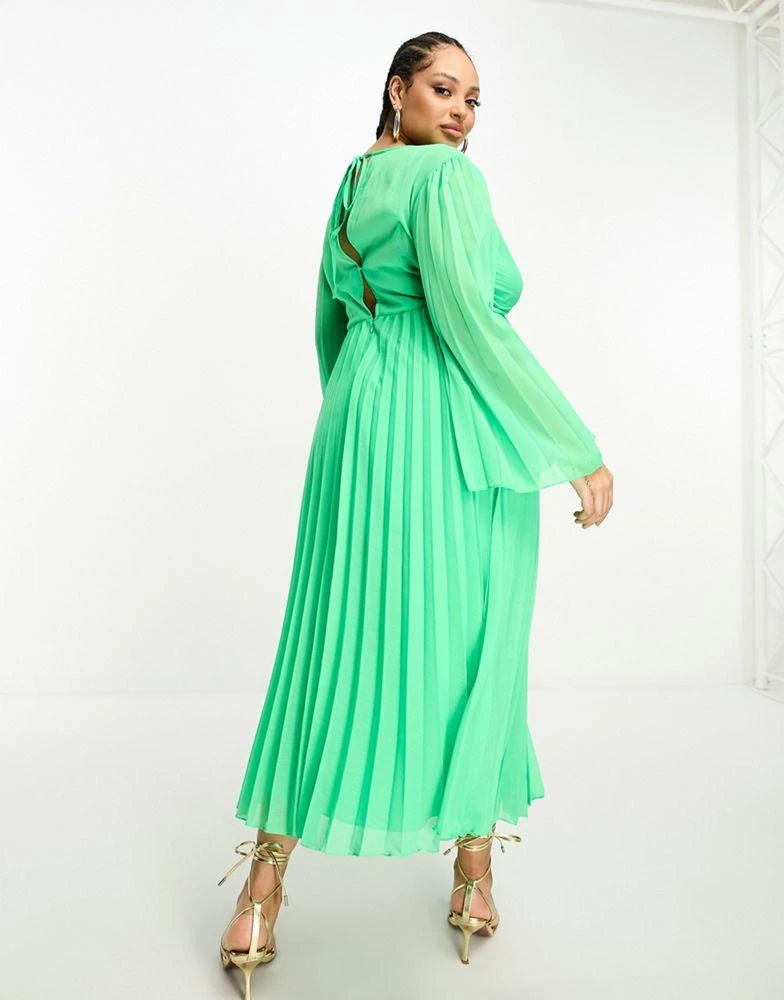 ASOS Curve ASOS DESIGN Curve tie back fluted sleeve pleated midi dress in green 4