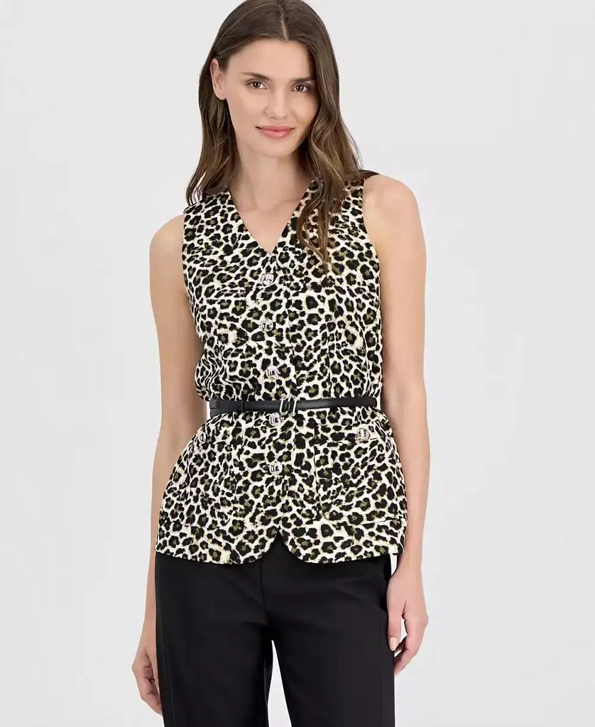 Anne Klein Women's Animal-Print Five-Button Belted Vest