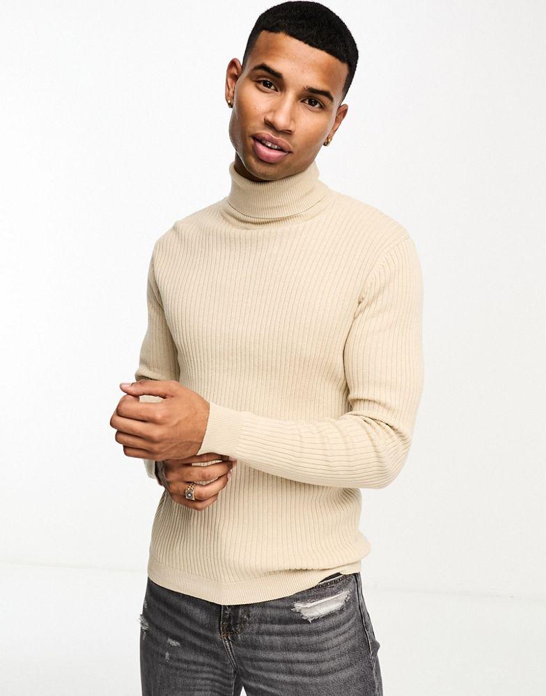 Brave Soul Brave Soul cotton ribbed roll neck jumper in stone