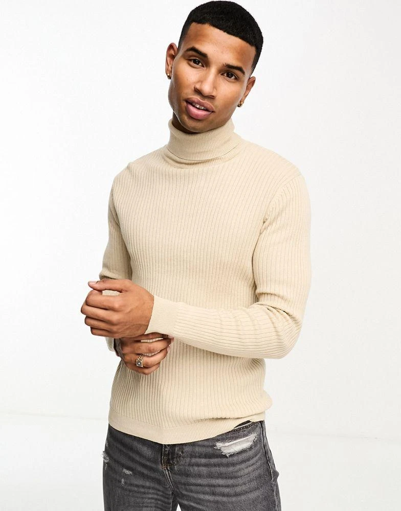 Brave Soul Brave Soul cotton ribbed roll neck jumper in stone 2