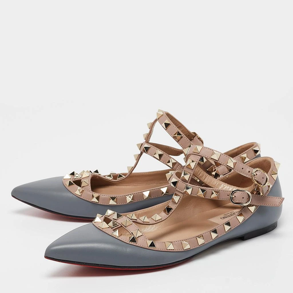 Valentino Valentino Grey/Dusty Pink Leather Rockstud Ankle Strap Flats Size 37 2