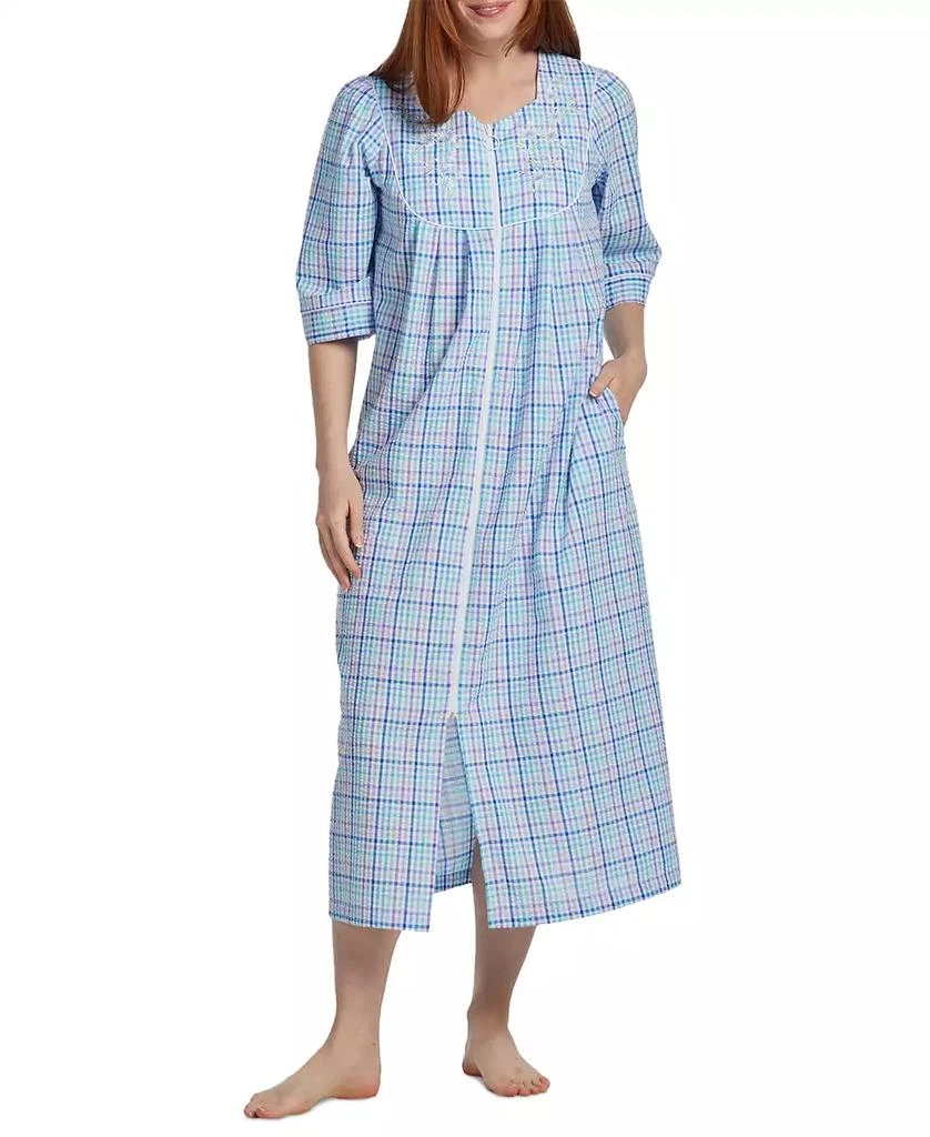 Miss Elaine Petite 3/4-Sleeve Plaid Zip Seersucker Robe 1