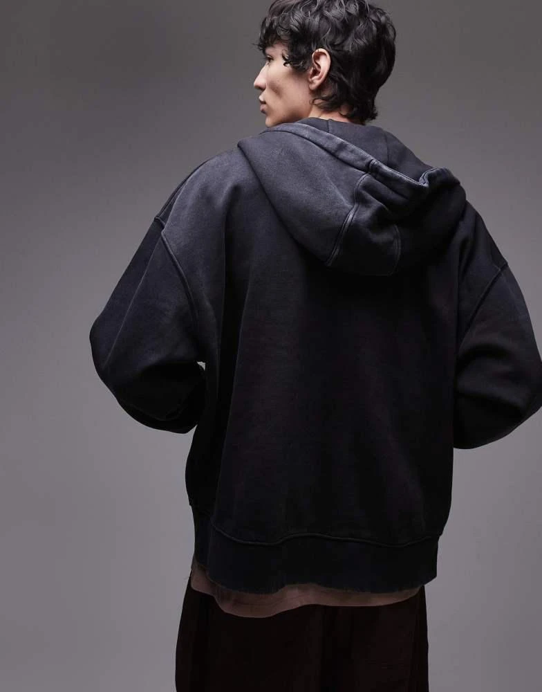 Topman Topman premium heavyweight oversized fit acid wash zip through hoodie in washed black 4