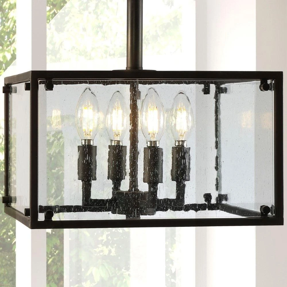 JONATHAN Y Paysan 13" 4-Light Iron/Seeded Glass Rustic Farmhouse LED Flush Mount