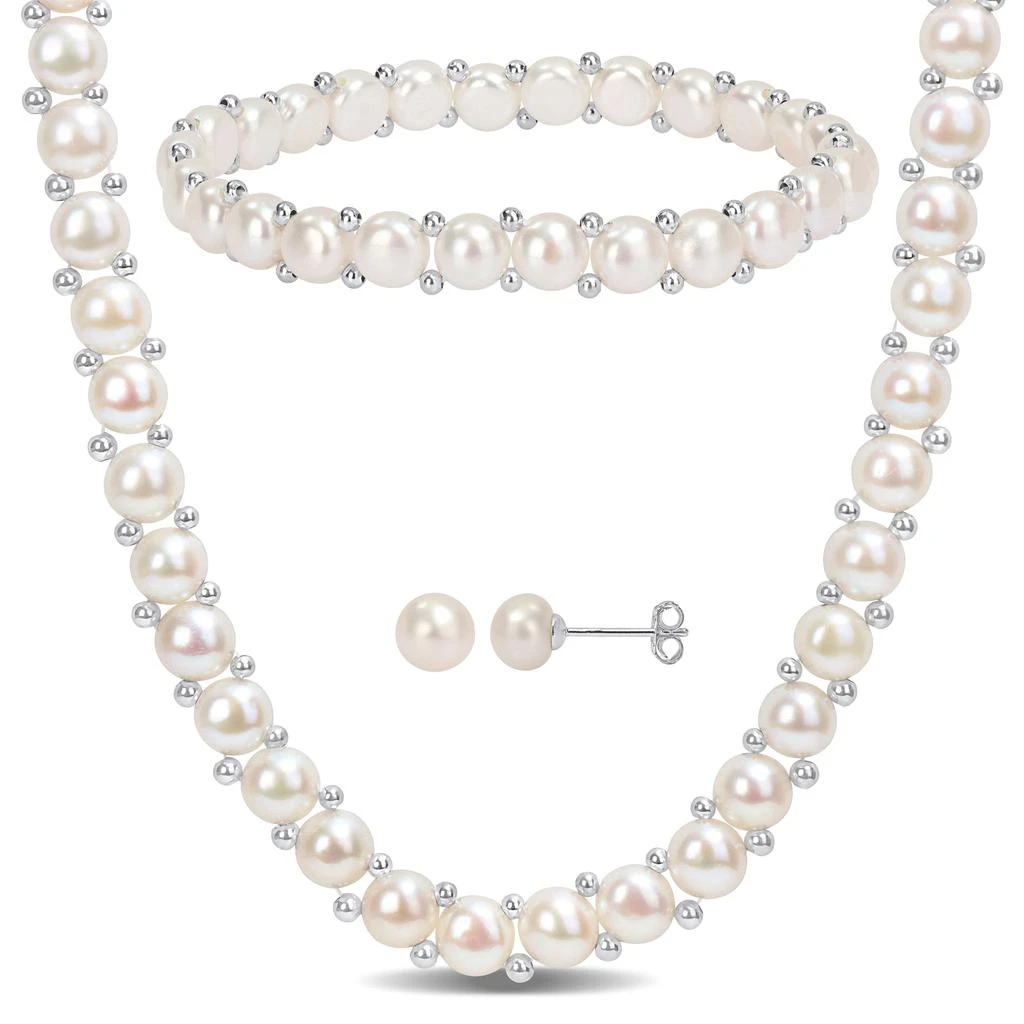 Mimi & Max 6-8mm Cultured Freshwater Button Pearl Strand Necklace, Bracelet and Stud Earrings 3-Piece Set with Sterling Silver Clasps 1