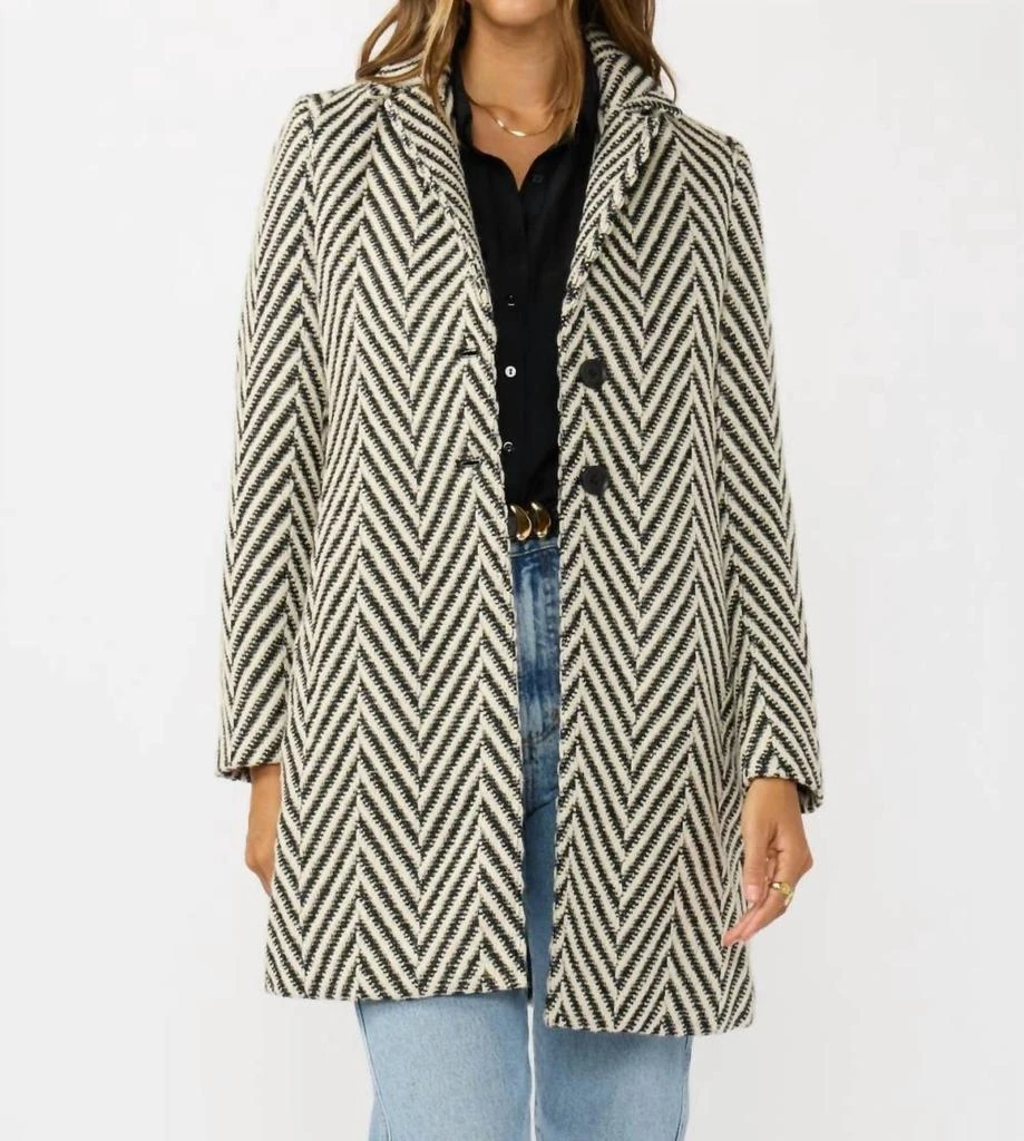 LOVESTITCH Notched Lapel Long Sleeve Coat In Chevron