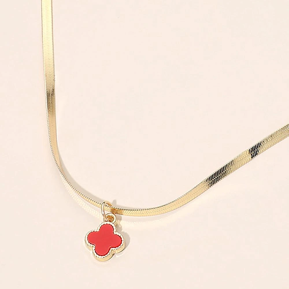 FASHNZFAB Gold Dipped Quatrefoil Pendant Herringbone Chain Necklace