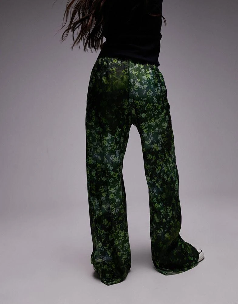 Topshop Topshop satin print wide leg pull on trouser in green 5