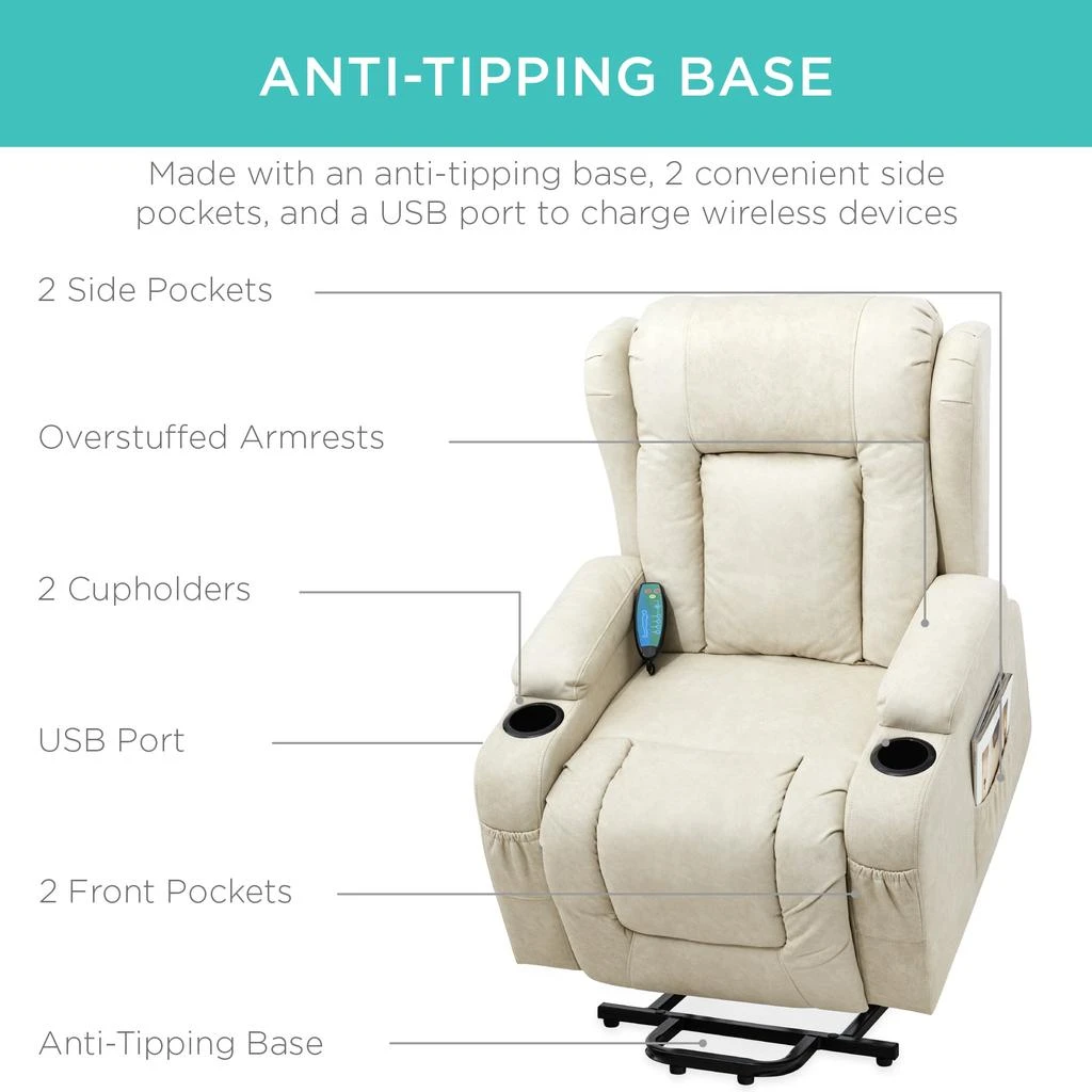 Best Choice Products Electric Power Lift Recliner Massage Chair Furniture w/ USB Port, Heat, Cupholders 5