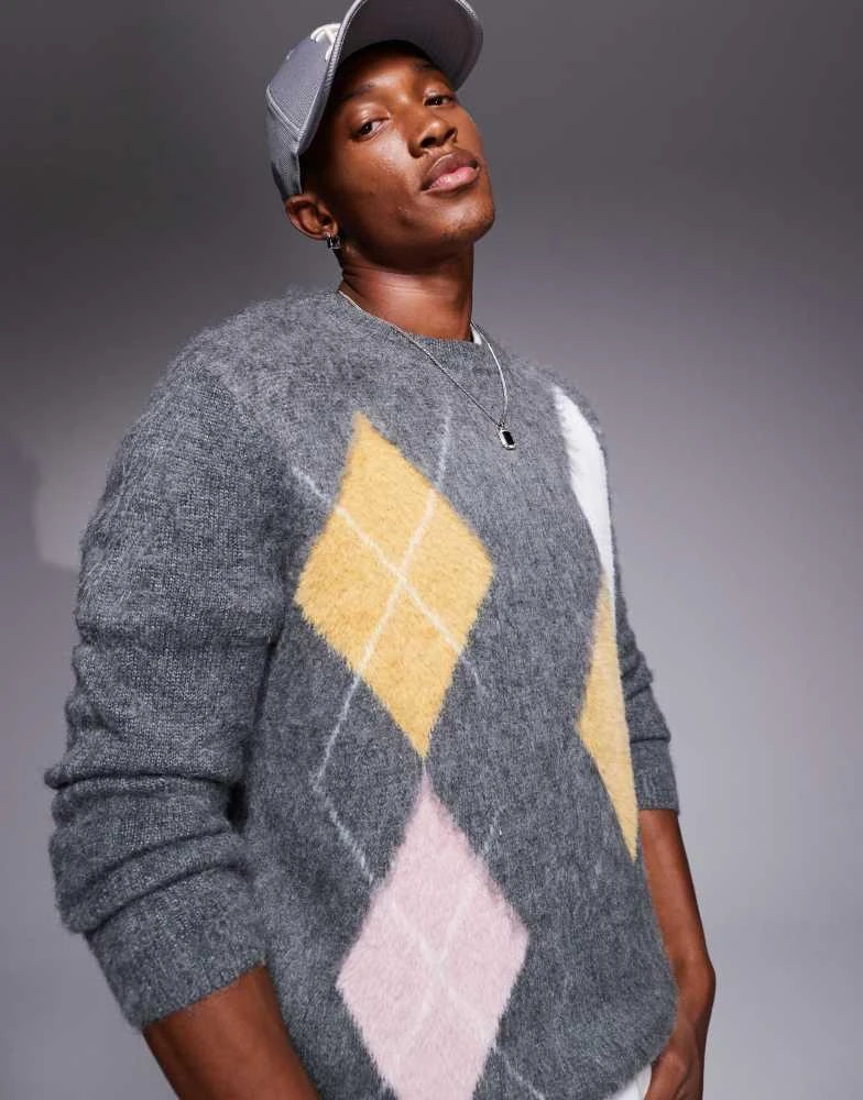 ASOS ASOS DESIGN knitted crew neck jumper with argyle pattern in grey 1