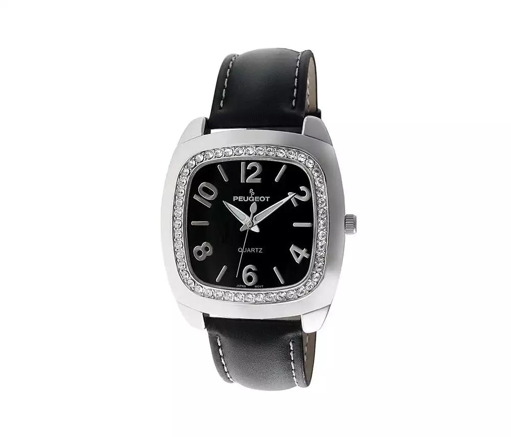 Peugeot Women's Black Boyfriend Watch 40mm Crystal Bezel Leather Strap