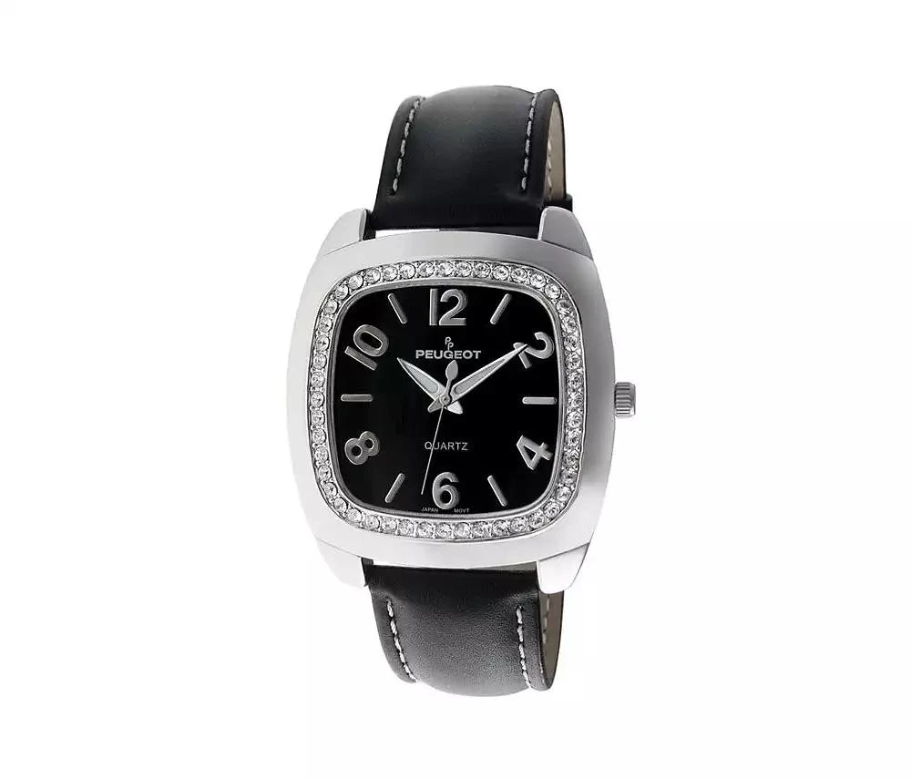 Peugeot Women's Black Boyfriend Watch 40mm Crystal Bezel Leather Strap 1
