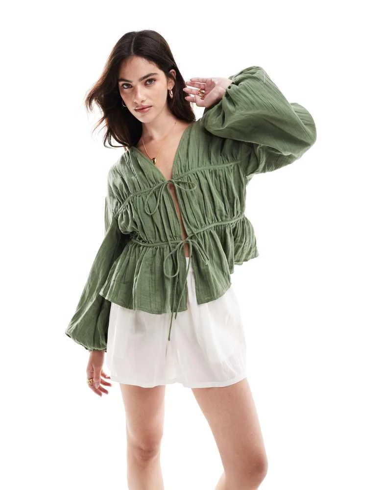 ASOS ASOS DESIGN long sleeve smock top with ties in khaki 1