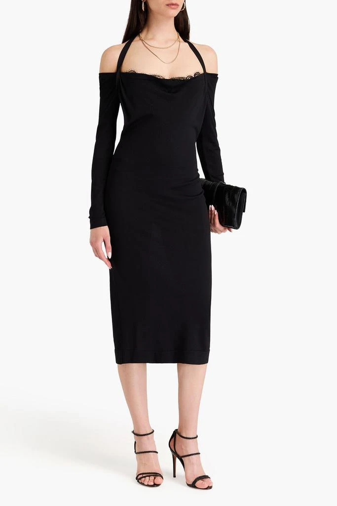 Alberta Ferretti Lace-trimmed ribbed jersey halterneck midi dress - Black - IT 42 Alberta Ferretti Lace-trimmed ribbed jersey halterneck midi dress - Black - IT 42