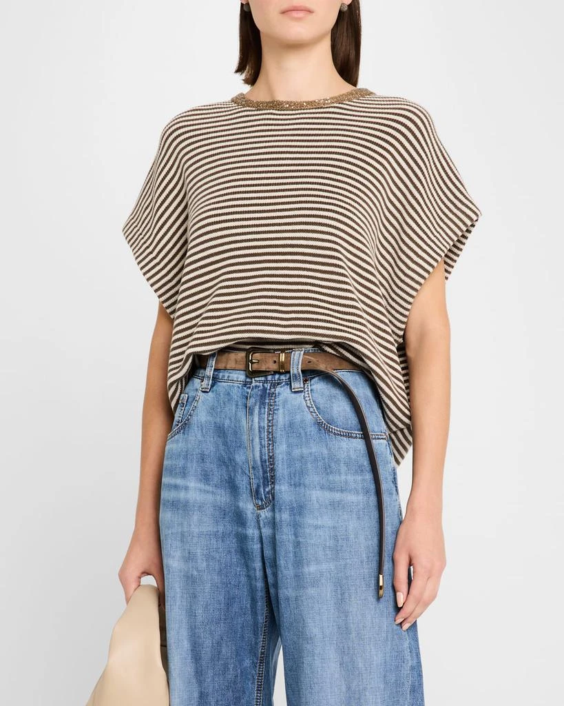 Brunello Cucinelli Striped Cotton Short-Sleeve Paillette-Neck Sweater 4