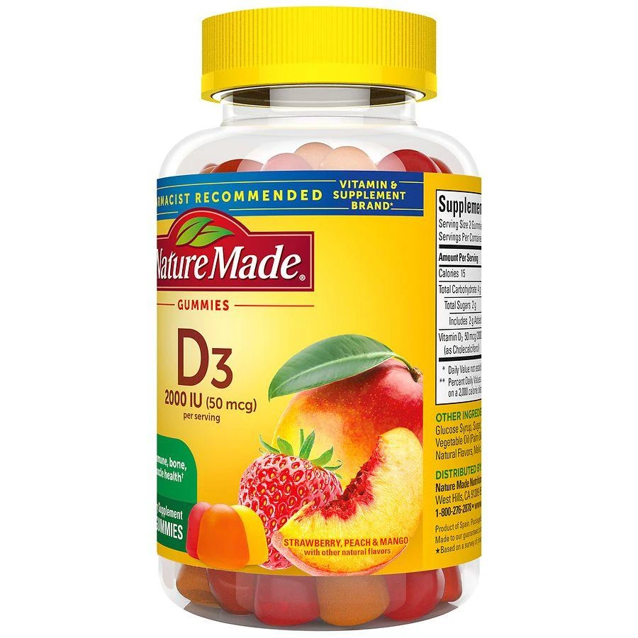 Nature Made Vitamin D3 2000 IU (50 mcg) Per Serving Gummies Strawberry, Peach 
Mango 9