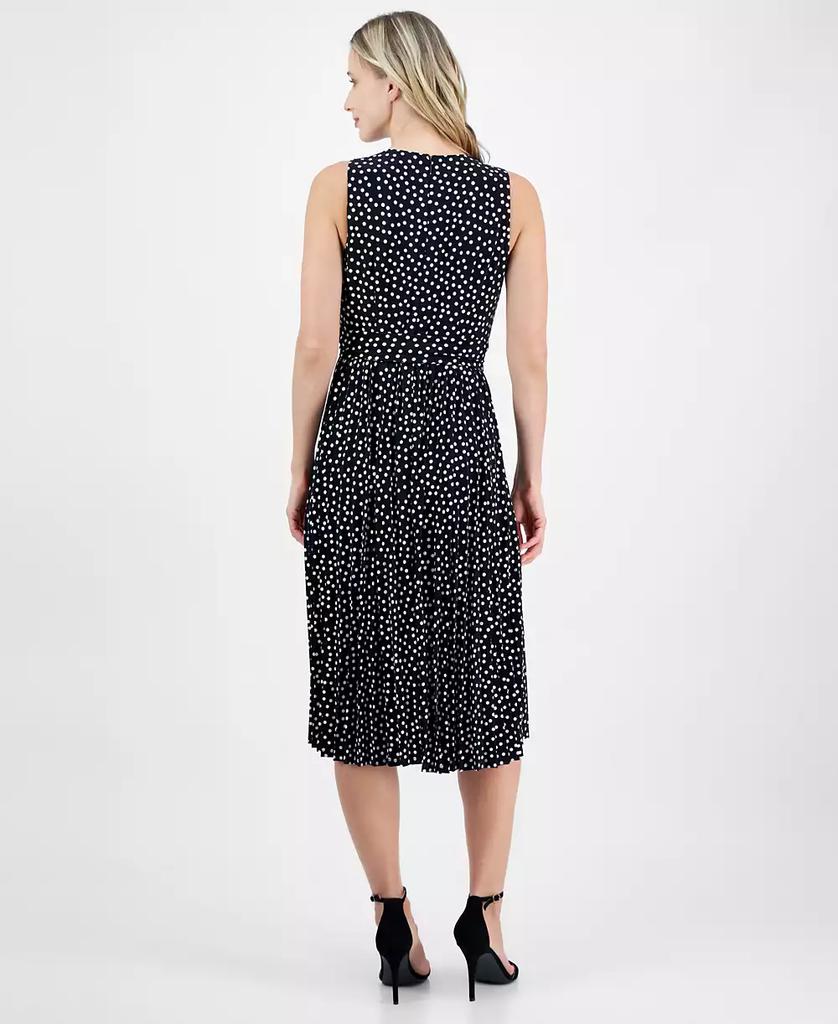 Anne Klein Women's Dot-Print Tie-Front Pleated Sleeveless Midi Dress
