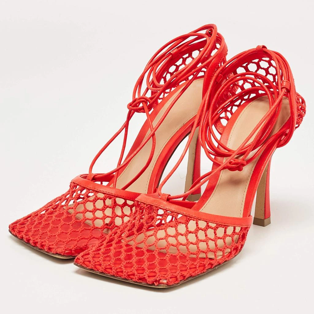 Bottega Veneta Bottega Veneta Coral Red Mesh and Leather Stretch Wrap Pumps Size 38 2