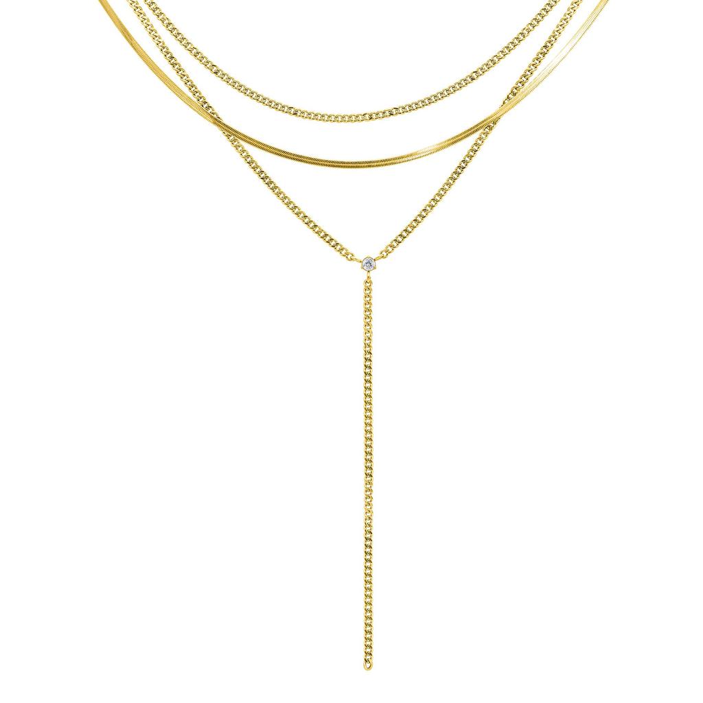 ADORNIA 14k Gold Plated Adjustable Curb Chain and Herringbone Lariat Y-Necklace Set