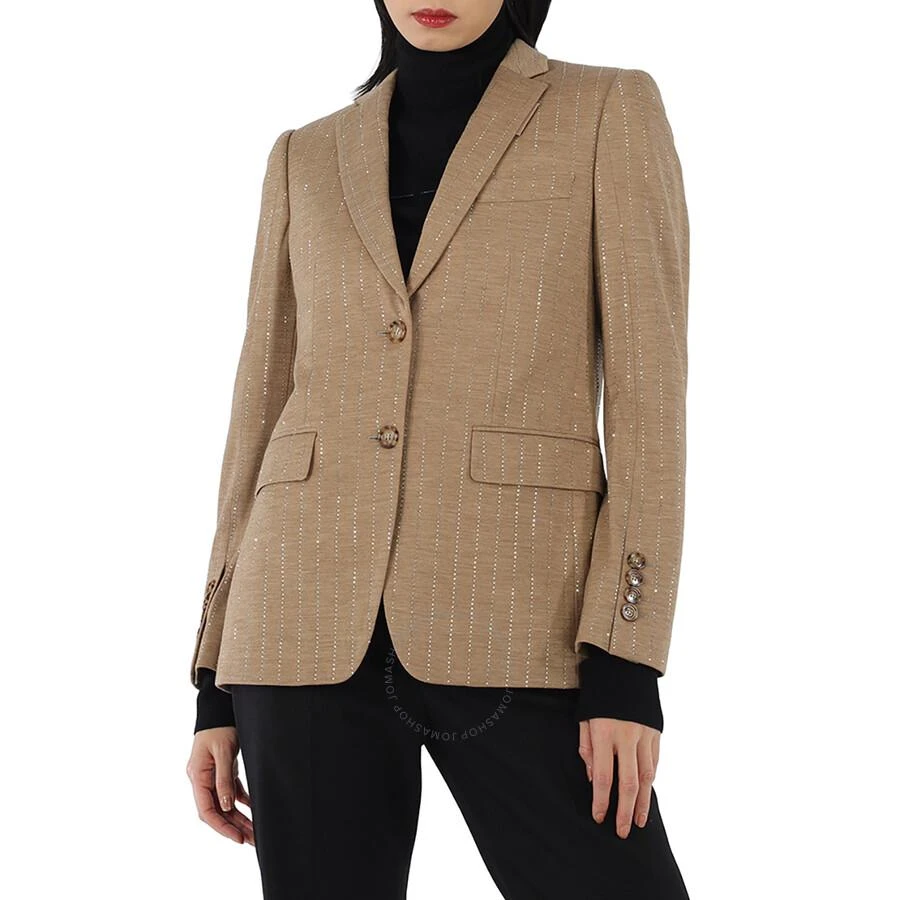 Burberry Ladies Pecan Melange Faux Crystal Pinstripes Wool Jersey Jacket 1