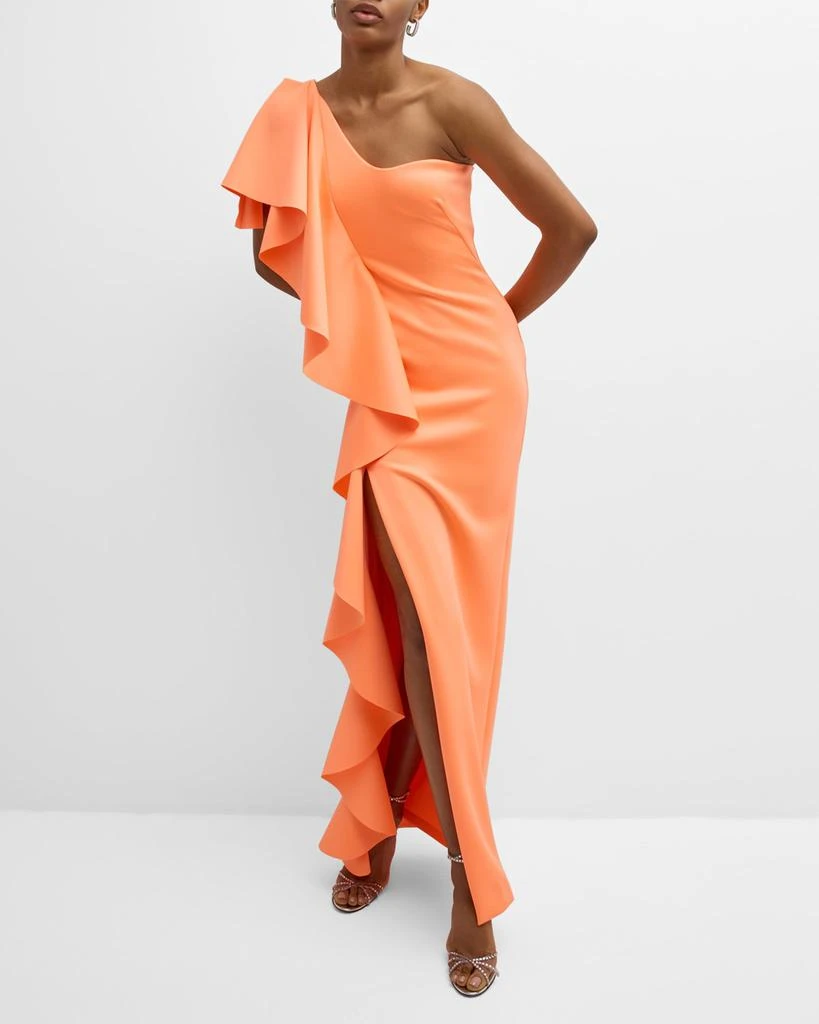 Black Halo Percy One-Shoulder Ruffle Column Gown 6
