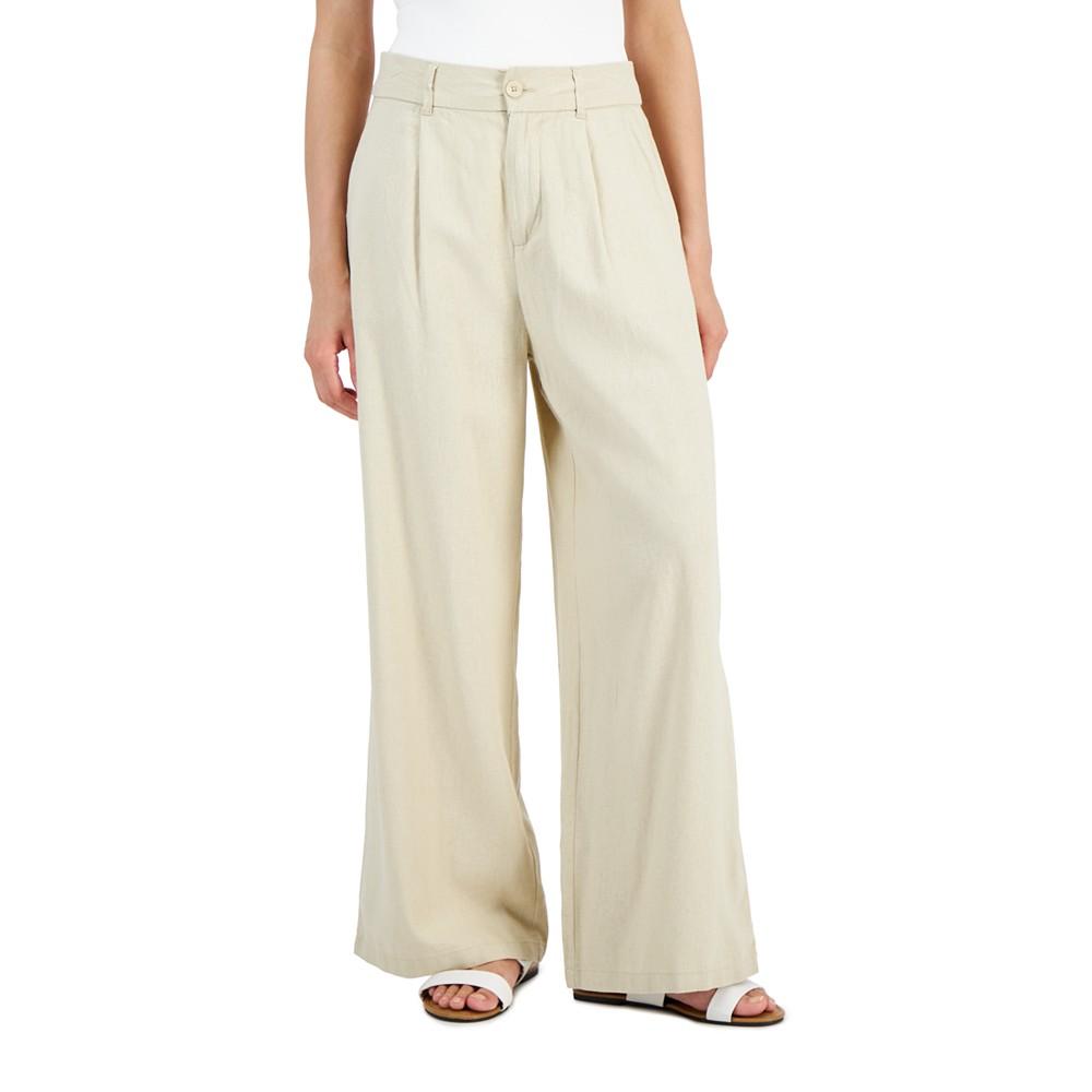 Rewash Juniors' High-Rise Linen Wide-Leg Pleat-Front Trouser Pants