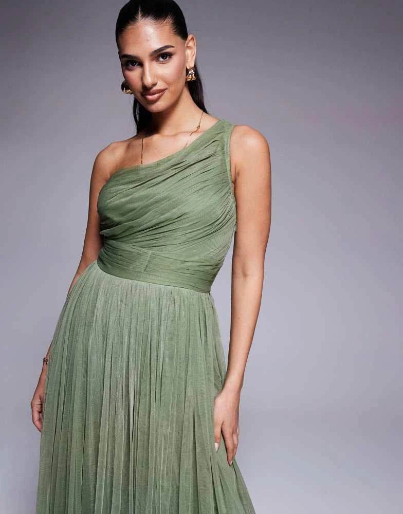 Lace & Beads Lace & Beads Bridesmaid one shoulder maxi dress in soft olive 2