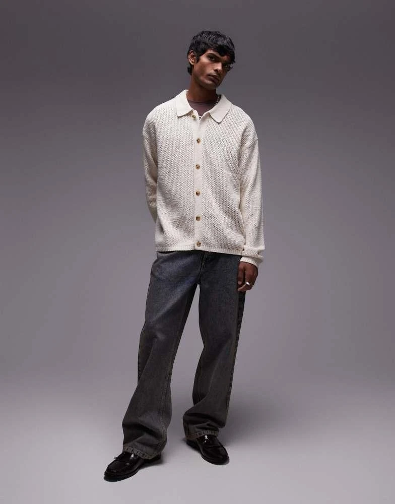Topman Topman long sleeve open knit shirt in cream 2