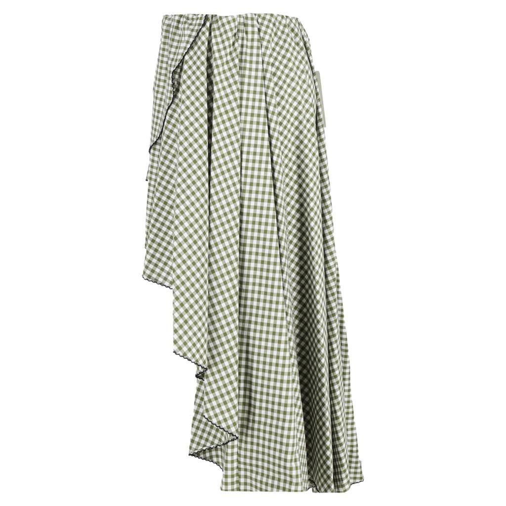 CAROLINE CONSTAS Adelle Gingham Midi Asymmetric Skirt in Green Cotton
