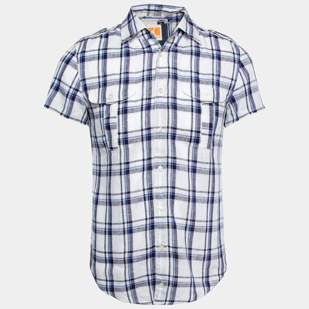 Boss Orange by Hugo Boss Boss Orange by Hugo Boss White and Blue Check Print Linen Short Sleeves Shirt S 1