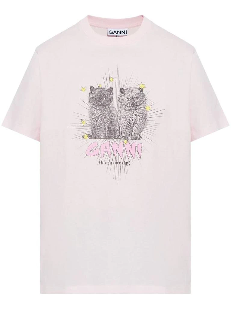 Ganni Ganni Pink T-Shirt With A Graphic Cat Print 1