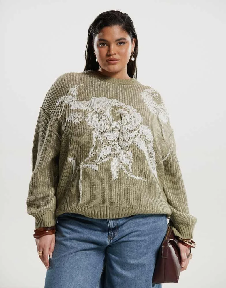 ASOS ASOS DESIGN Curve knitted rose printed oversized crew neck jumper in sage 1