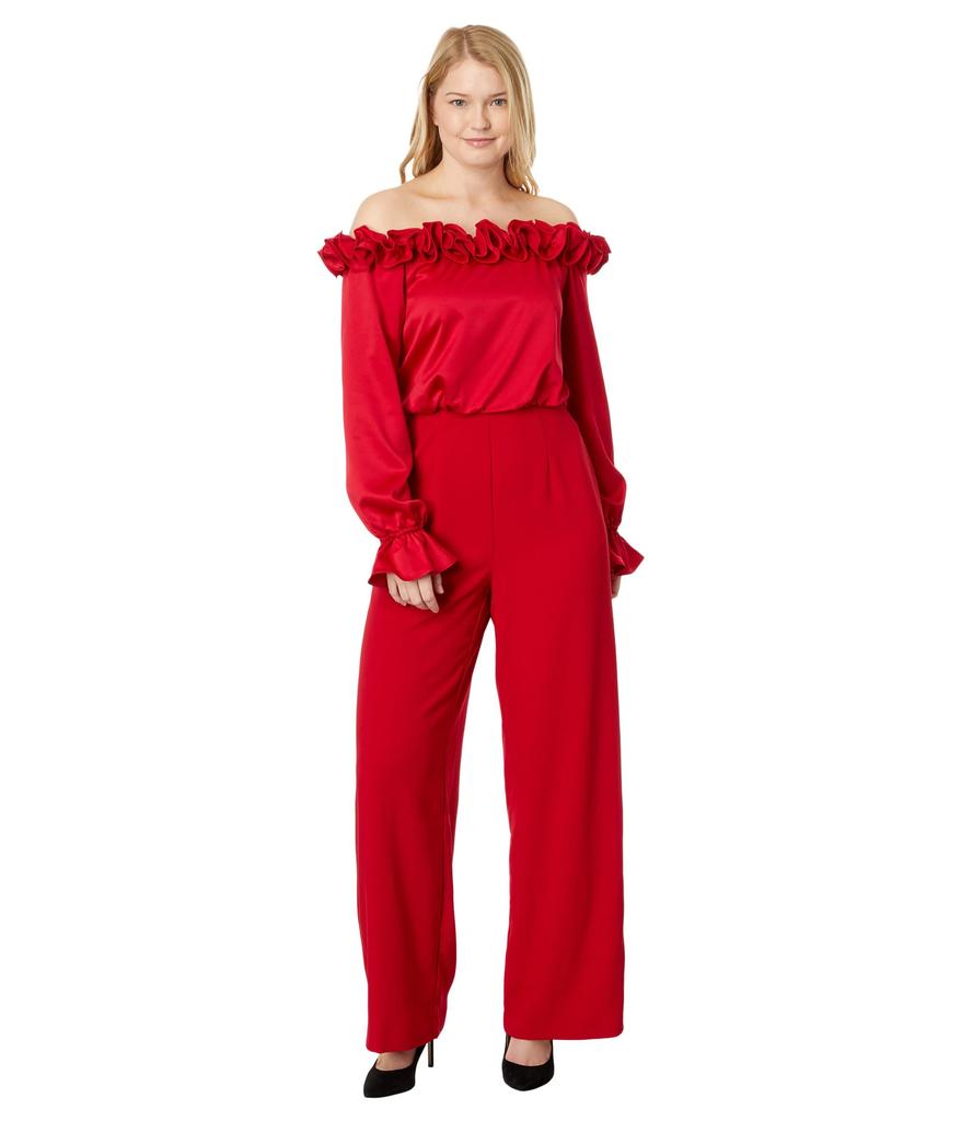 Adrianna Papell Satin Crepe Off the Shoulder Rosette Jumpsuit