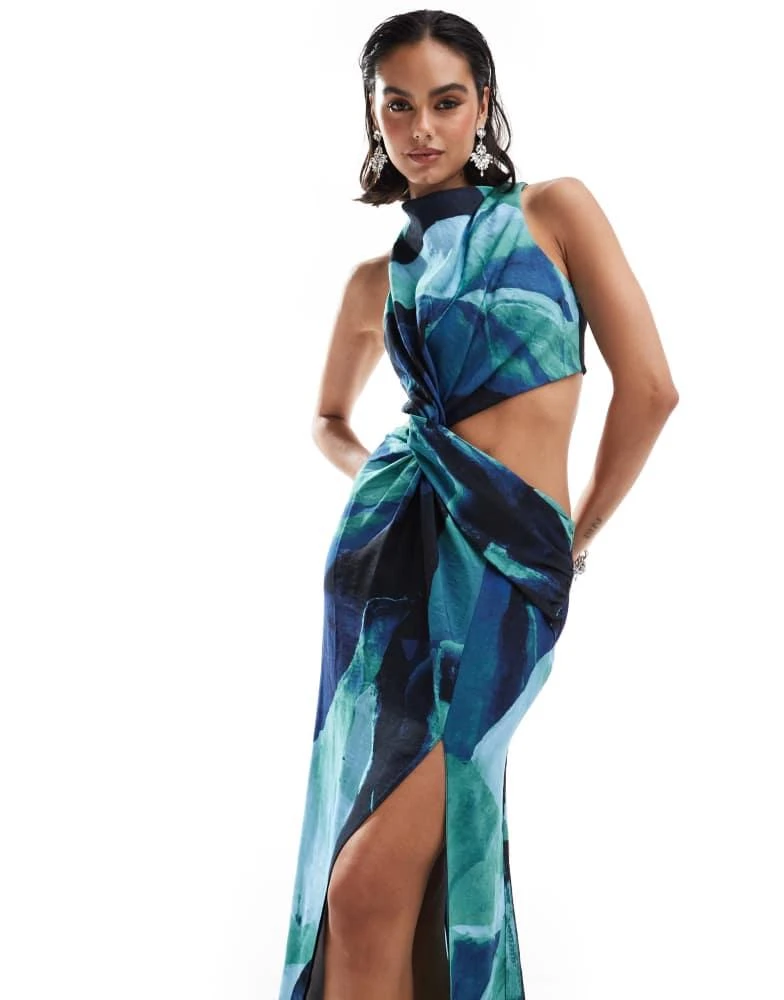 ASOS ASOS DESIGN racer neck maxi dress with twist waist detail in blue abstract print 1