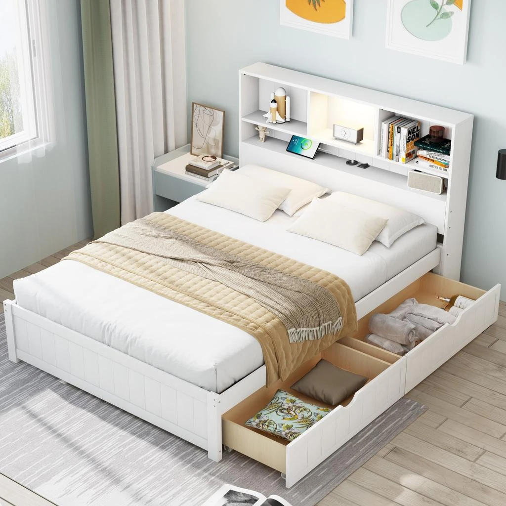 Streamdale Furniture Streamdale Platform Bed with Bookcase Headboard, Lighting 
Drawers
