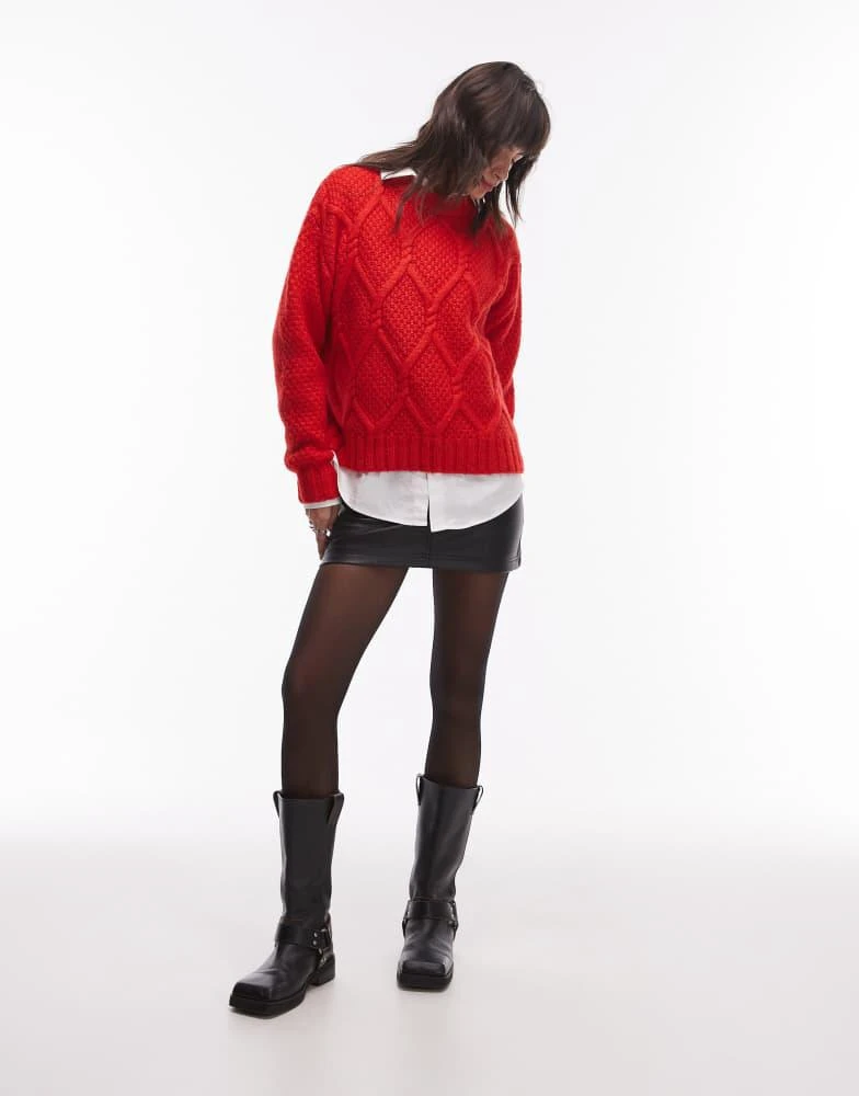 Topshop Topshop knitted chunky twist cable crew neck oversized jumper in red 3