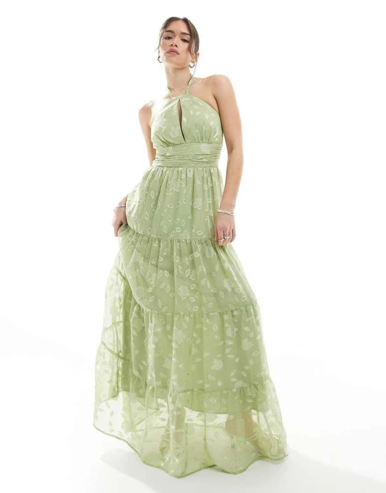 green rhinestone prom dress Anabelle Halter Neck Lace Maxi Dress - Sage Green