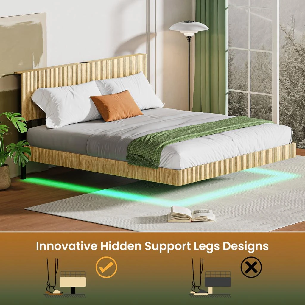 Streamdale Furniture Streamdale Oak King Floating Bed w/ Charging Station, LED Lights 
Wavy Headboard 5