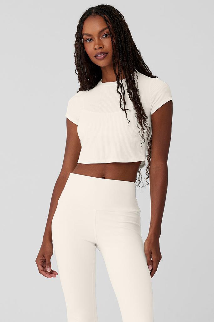 Alo Ribbed Sea Coast Cropped Short Sleeve Tee - Ivory