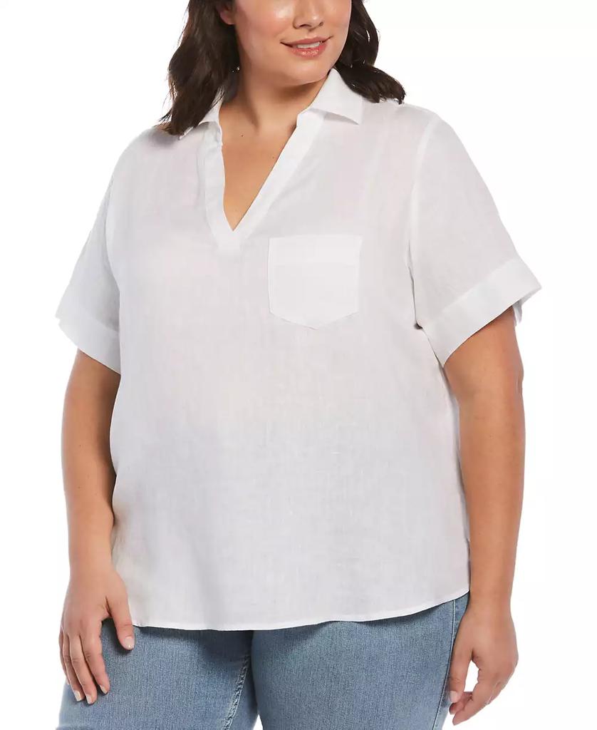 Rafaella Plus Size Split Neck Short Sleeve Linen Top