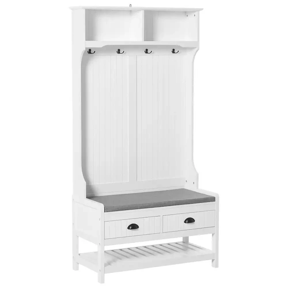 Streamdale Furniture 3-in-1 Hall Tree, Entryway Bench with Coat Rack, Mudroom Bench with Shoe Rack, 2 Storage Drawers, 4 Hooks and Padded Seat Cushions for Hallway, White