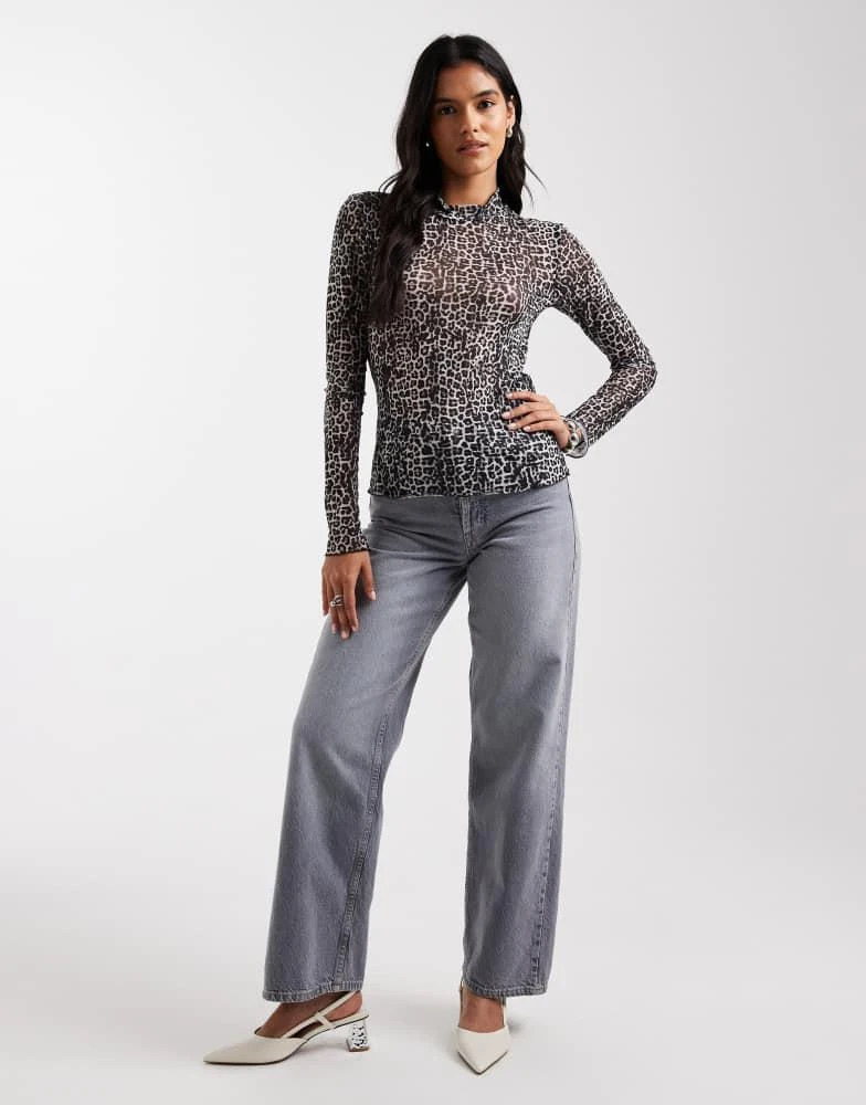 Pieces Pieces high neck mesh top in tonal animal print 2
