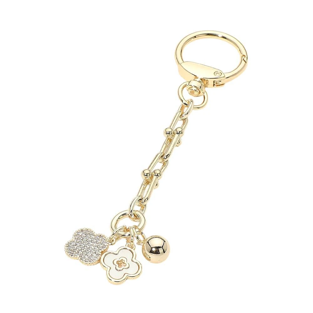 FASHNZFAB 14K Gold Plated CZ Stone Paved Mother of Pearl Quatrefoil Charms Drop Bag Charm Keychain 2
