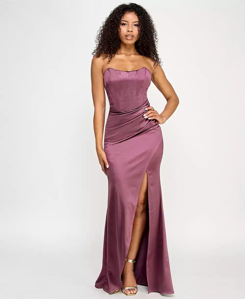 Emerald Sundae Juniors' Iris Sateen Corset-Bodice Slit Gown