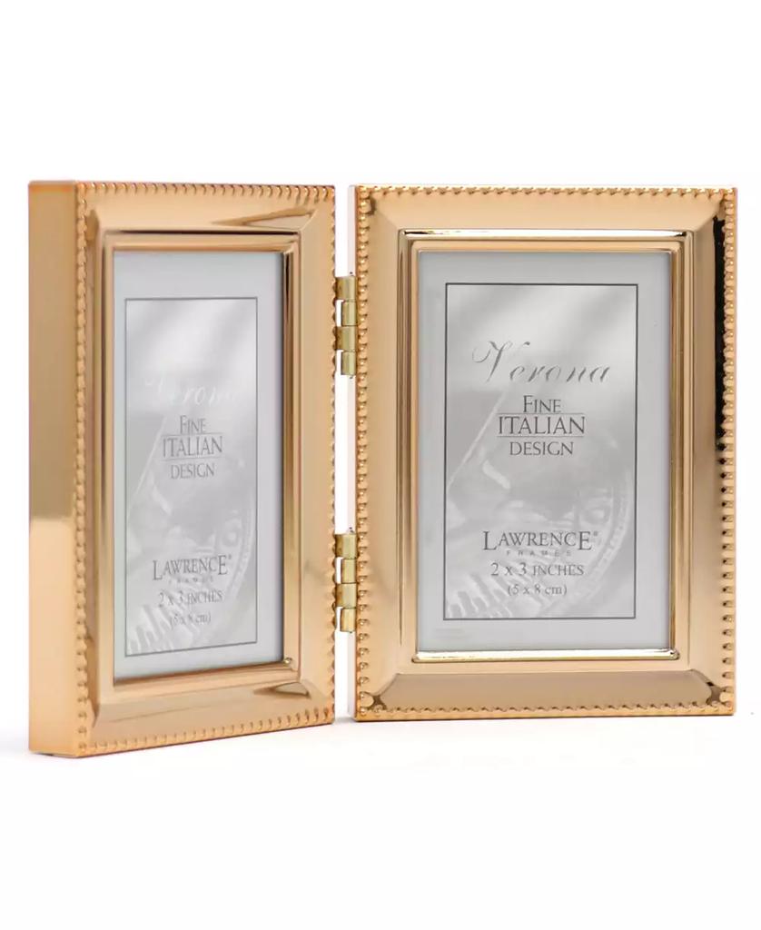 Lawrence Frames Polished Metal Hinged Double Picture Frame - Bead Border Design, 2.5" x 3.5"
