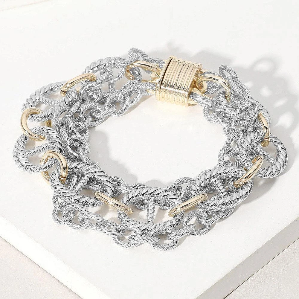 FASHNZFAB 14K Gold Plated Chunky Two Tone Metal Magnetic Bracelet