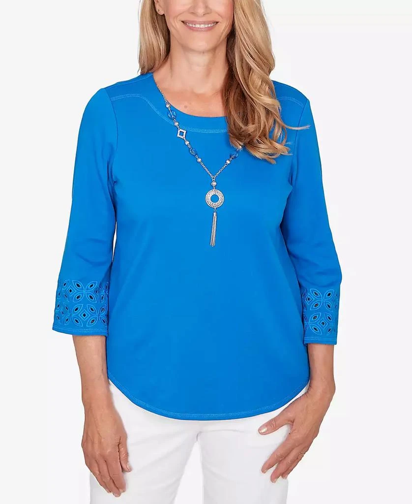 Alfred Dunner Women
s  Mykonos Eyelet Sleeve Solid Top with Necklace