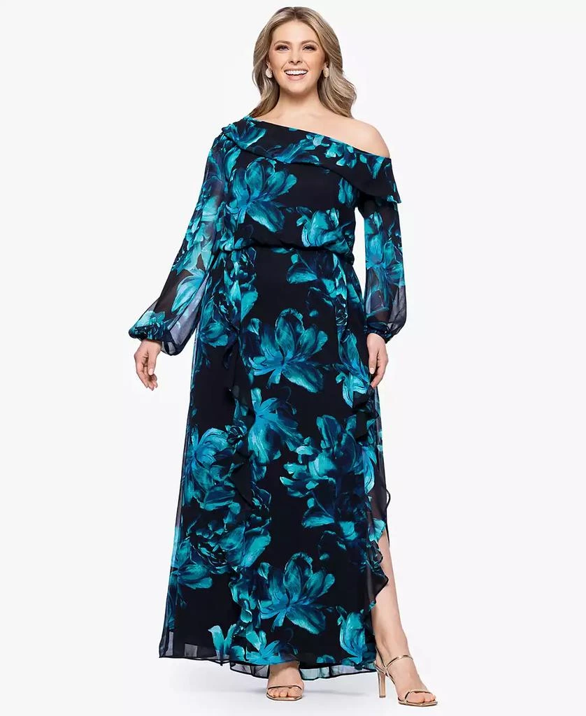 XSCAPE Plus Size Printed Asymmetrical-Neckline Long Dress 1
