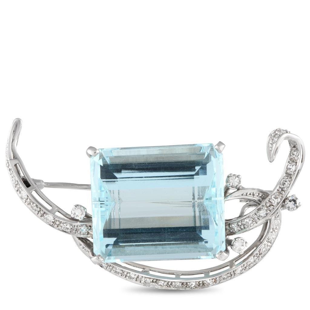 Non Branded 18K White Gold 0.55ct Diamond and Aquamarine Brooch MF26-012324