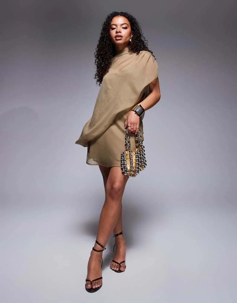 ASOS ASOS DESIGN Petite high neck draped asymmetric mini dress with cut out in taupe 2